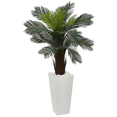 Nearly Natural Artificial 4.5' Cycas Plant in White Tower Planter Green