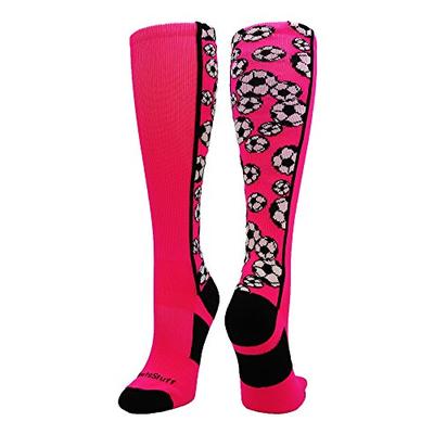 MadSportsStuff Crazy Soccer Socks with Soccer Balls Over The Calf (Neon Pink/Black, Small)