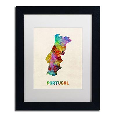 Portugal Watercolor Map Art by Michael Tompsett in Black Frame, 11 by 14-Inch, White Matte