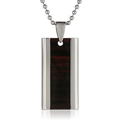 Men's Stainless Steel Dark Wooden Inlay Ball Chain Dog Tag Pendant Necklace, 22"