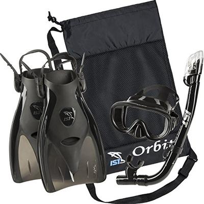 IST Orbit Snorkeling Gear Set: Tempered Glass Mask, Dry Top Snorkel & Trek Fins for Compact Travel (