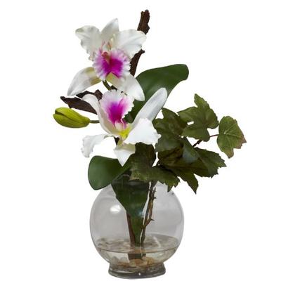 Nearly Natural 1275-WH Mini Cattleya with Fluted Vase Silk Flower Arrangement, White