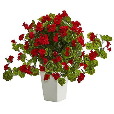 Nearly Natural Geranium Artificial Plant in White Tower Planter Red