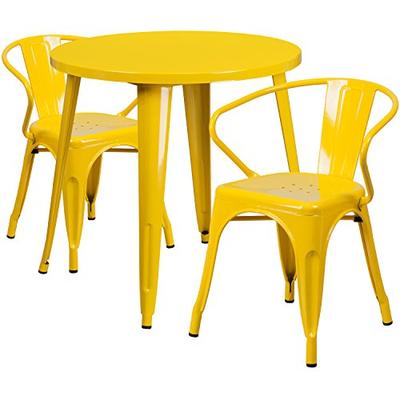 Flash Furniture 30'' Round Yellow Metal Indoor-Outdoor Table Set with 2 Arm Chairs