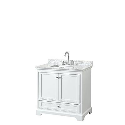 Wyndham Collection Deborah 36 inch Single Bathroom Vanity in White, White Carrara Marble Countertop,