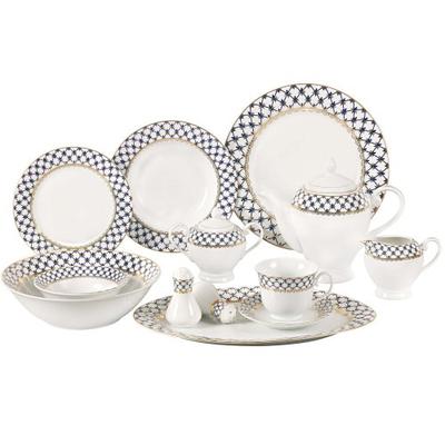 Lorren Home Trends 57-Piece Porcelain Dinnerware Set with Cobalt Blue Lattice Border, Service for 8