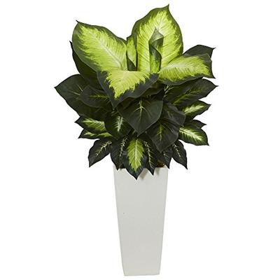 Nearly Natural Artificial Plant Golden Dieffenbachia in White Tower Planter Green