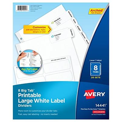 Avery Big Tab Printable Large White Label Dividers with Easy Peel, 8 Tabs, 20 Sets (14441)