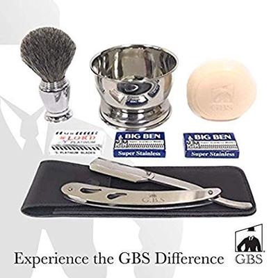 GBS Men's Beard Shaping And Barber Shaving Kit - Gift Box, Stainless Barber Shavette, Pure Bristle B