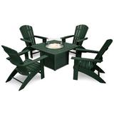 POLYWOOD® Nautical Curveback Adirondack 5-Piece Conversation Set w/ Fire Pit Outdoor Table Plastic in Green | Wayfair PWS409-1-GR