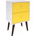 Manhattan Comfort 204AMC63 - Liberty Mid Century - Modern Nightstand 2.0 w/ 2 Full Extension Drawers in White & Yellow w/ Solid Wood Legs