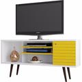 "Manhattan Comfort 200AMC64 - Liberty 53.14"" Mid Century - Modern TV Stand w/ 5 Shelves & 1 Door in White & Yellow w/ Solid Wood Legs"