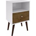 Manhattan Comfort 203AMC69 - Liberty Mid Century - Modern Nightstand 1.0 w/ 1 Cubby Space & 1 Drawer in White & Rustic Brown w/ Solid Wood Legs