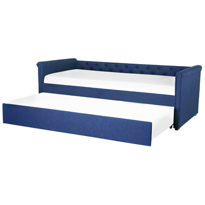 Tagesbett Ausziehbett Blau 90 x 200 cm Ausziehbar Polsterbezug Leinenoptik Mit Lattenrost Knopfverzierung Praktisch Mode