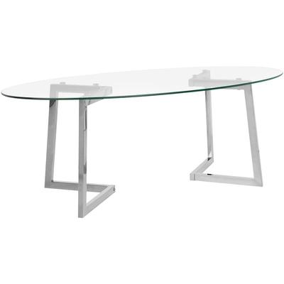 Table Basse Ovale avec Plateau en Verre et Cadre en Métal Argenté au Style Moderne et Glamour