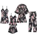 Danfiki Women Pyjama Set Sleepwear Girls Ladies Nightwear Silk Satin Pajamas Lace Floral Nighties 5Pcs Robe Dressing Gown Nightdress with Chest Pad Carbon Black