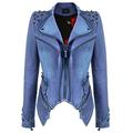 YYZYY Women's Fashion Punk Studded Denim Cotton Motorcycle Biker Jacket Coat Perfectly Shaping Slim Fit Full Zipper Short Jacket Ladies (XXS (UK 8), Blue)
