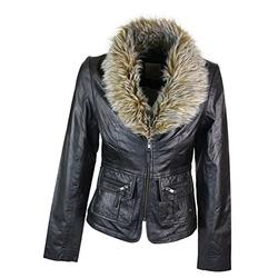Aviatrix Ladies Real New Vintage Short Black Leather Jacket Coat Faux Fur Collar Candle-New - XXXL