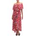 Bloom Cascade,'White and Light Blue Floral Print on Red Rayon Midi Dress'