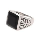 Mystical Leaves,'925 Sterling Silver and Onyx Men's Ring with Leaf Motifs'