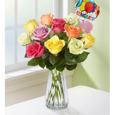 1-800-Flowers Flower Delivery Congratulations Assorted Roses 12 Stems W/ Clear Vase | Happiness Delivered To Their Door