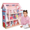 Infantastic® Doll House - Suitable for 5.11” / 13cm Dolls, Accessories and Furniture Included (16 Pcs), 60.5x71x32.5cm, 3 Storeys, 5 Rooms, Wooden, LED Strips - Dollhouse Playset, Toy House for Dolls