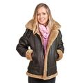 Infinity Women's Brown Hooded Sheepskin Flying Leather Jacket with Cream Fur XS