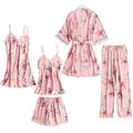 Danfiki Women Pyjama Set Sleepwear Girls Ladies Nightwear Silk Satin Pajamas Lace Floral Nighties 5Pcs Robe Dressing Gown Nightdress with Chest Pad Carbo (M, Rose pink)