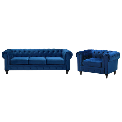 Sofa Set Marineblau Samtstoff Sizgruppe mit Dicken Sitzkissen Holzbeinen Armlehnen Chesterfield Knopfheftung Glamourös W