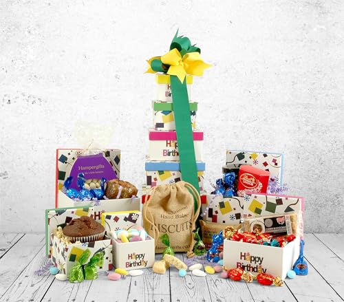 Happy Birthday Gift Tower - Birthday Gift Box Delivery - 5 Gift Boxes with Chocolates, Cookies, Sweets - Wrapped with Ribbon - Friends, Family, Staff