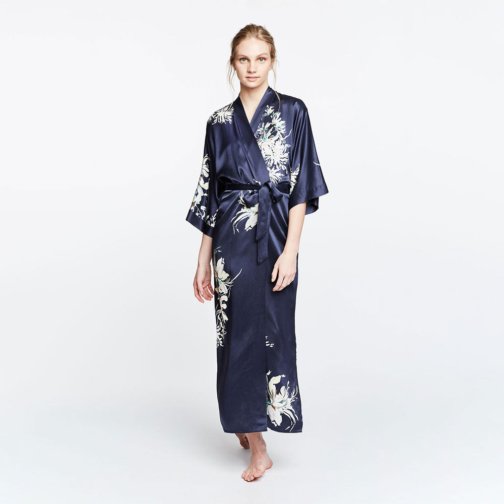 KIM+ONO Kimono Robe | Washable Silk Yuri Long Kimono Robe | Washable Silk | Midnight | Long