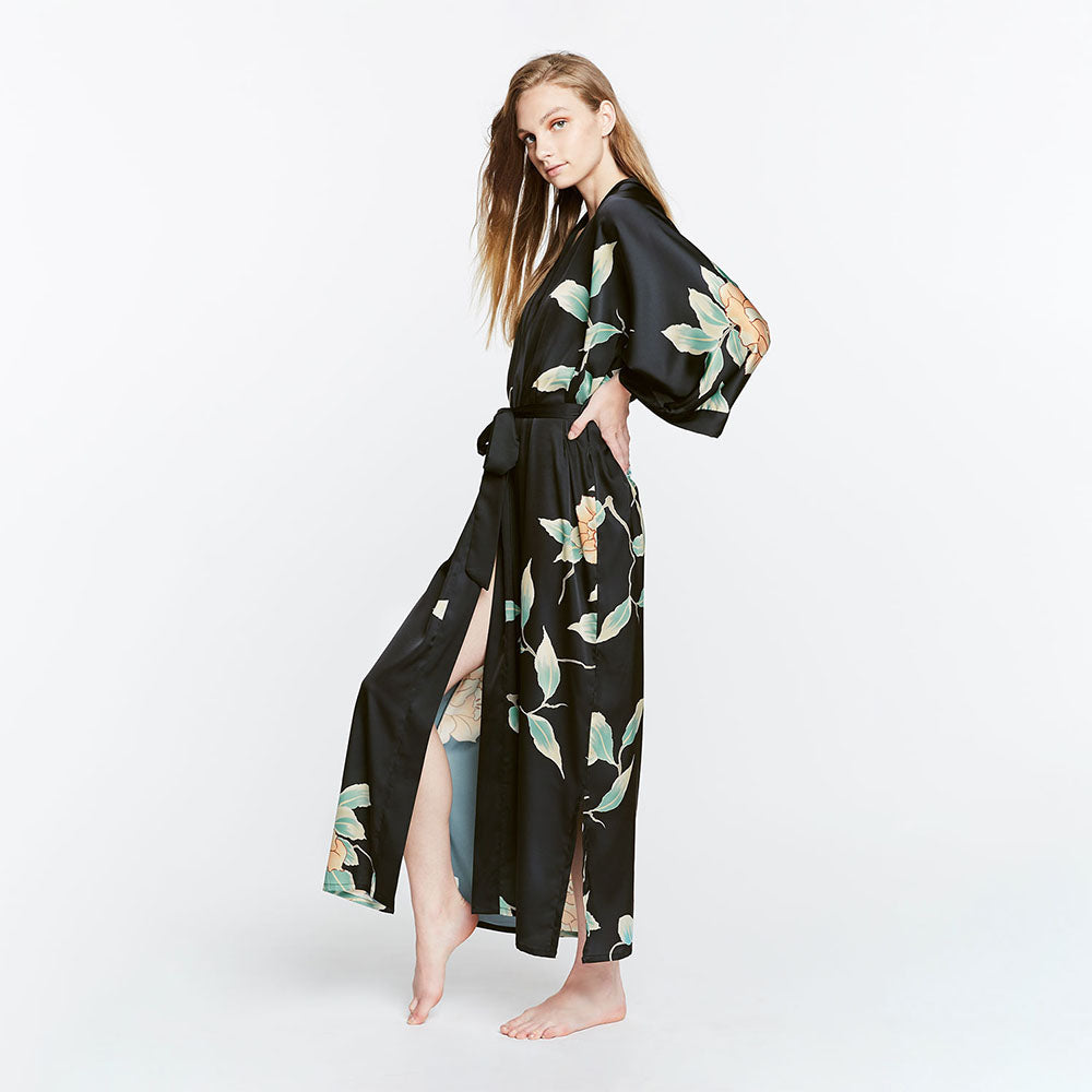 KIM+ONO Kimono Robe | Aimi Long Kimono Robe | Polyester Charmeuse | Black | Long