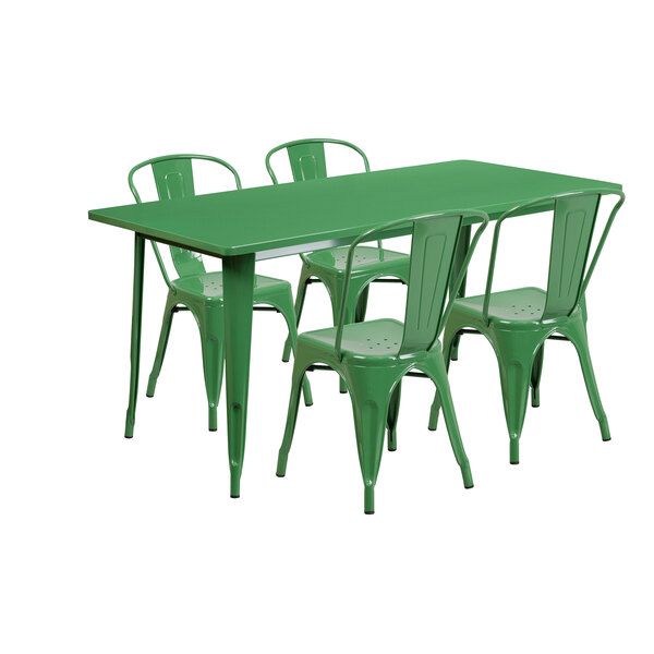 Flash Furniture ET-CT005-4-30-GN-GG 31 1/2" x 63" Rectangular Green Metal Indoor / Outdoor Dining Height Table with 4 Cafe Style Chairs