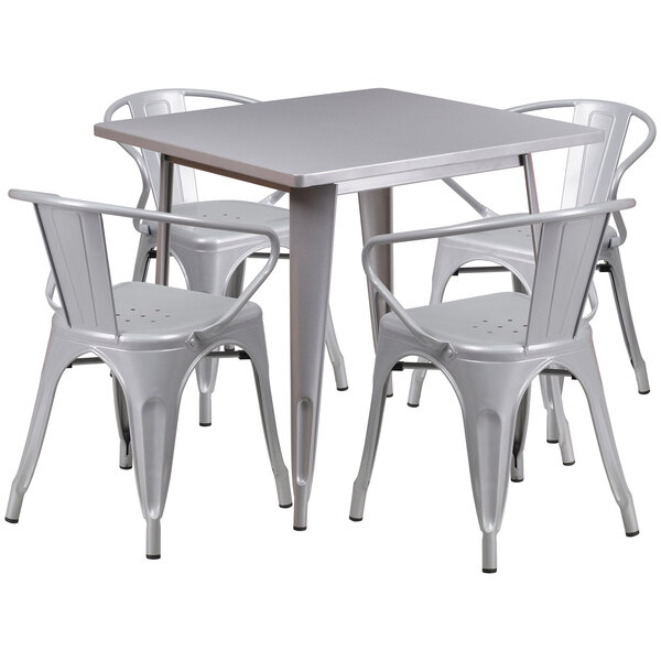 Flash Furniture ET-CT002-4-70-SIL-GG 32" Square Silver Metal Indoor / Outdoor Dining Height Table with 4 Arm Chairs