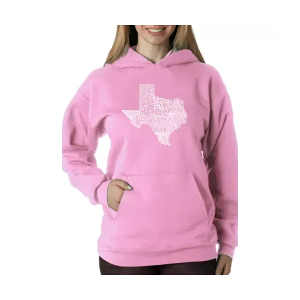 la-pop-art-womens-word-art-hooded-sweatshirt---the-great-state-of-texas,-pink,-large/