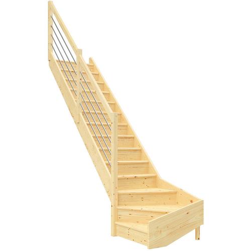 DOLLE Raumspartreppe Wangentreppe Paris Holztreppe, Edelstahlstäbe, 1/4 gewendelt (links),bis 318 cm,Fichte,mit Setzstufen,unbehandelt