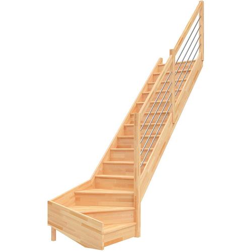 DOLLE Raumspartreppe Wangentreppe Paris Holztreppe, Edelstahlstäbe, 1/4 gewendelt (rechts),bis 318 cm,Buche,mit Setzstufen,unbehandelt