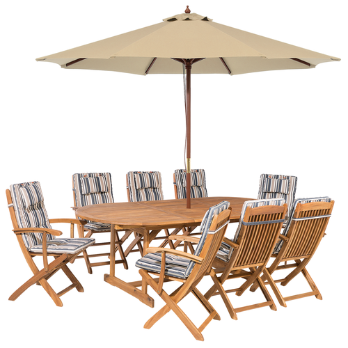 Gartenmöbel Set Hellbraun und Blau-Beige Akazienholz 10-Teilig Ovaler Tisch mit 8 Stühlen 8 Auflagen 1 Sonnenschirm Terrasse Outdoor Modern