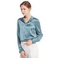 LilySilk Women's 100 Charmeuse Silk Blouse for Lady Long Sleeve Top 22 Momme Pure Silk (L/16, Blue-Haze)