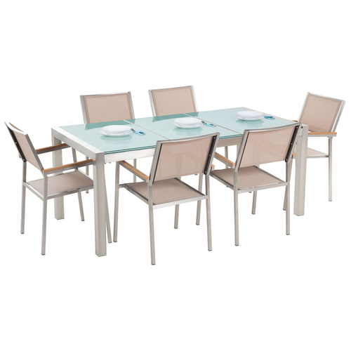 Gartenmöbel Set Beige Sicherheitsglas Edelstahl Tisch 180 cm 6 Stühle Terrasse Outdoor Modern