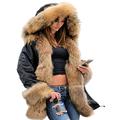 Roiii Women Winter Warm Thick Faux Fur Coat Hood Parka Long Jacket Size 8-20 (14,Brown Black)