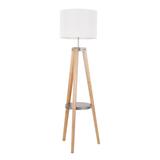 Compass Mid-Century Modern Floor Lamp w/ Shelf in Natural Wood & White Linen - Lumisource L-CMPFL SHF W