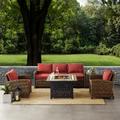 Bradenton 5Pc Outdoor Wicker Sofa Set W/Fire Table Weathered Brown/Sangria - Sofa, Side Table, Tucson Fire Table, & 2 Armchairs - Crosley KO70163-SG