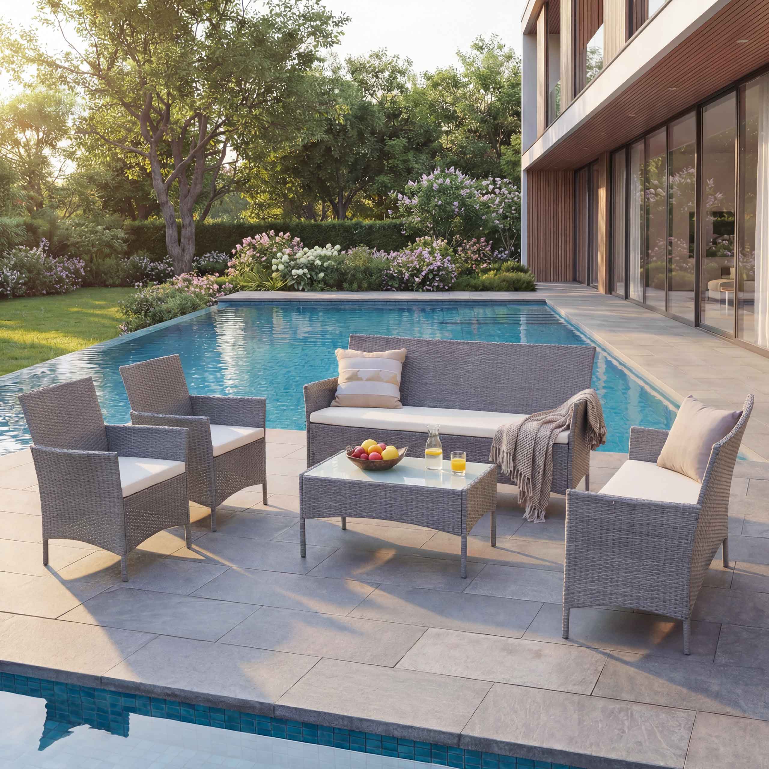 3-2-1-1 Poly-Rattan Garten-Garnitur Halden, Lounge-Set Sitzgruppe Sofa ~ grau, Kissen creme Image