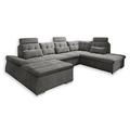 Stella Trading NALO Wohnlandschaft in U-Form, Stoffbezug Stone - Ausziehbares Sofa mit Schlaffunktion und Bettkasten - 324 x 107 x 170 (218) cm (B/H/T)