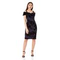 Roman Originals Women Floral Flock Cold Shoulder Dress - Ladies Lined Flowery Contrast Sweetheart Velvet Neckline Pencil Strappy Casual Formal Parties Wedding Smart - Navy - Size 20