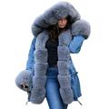 Aox Women Winter Denim Coat Thicken Lined Faux Fur Hood Jacket Warm Sherpa Fur Overcoat Plus Size Jean Outerwear (20, Blue 2035)