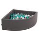 KiddyMoon Soft Ball Pit Quarter Angular 90X30cm/300 Balls ∅ 7Cm / 2.75In For Kids, Foam Ball Pool Baby Playballs, Made In EU, Dark Grey:Grey/White/Turquoise