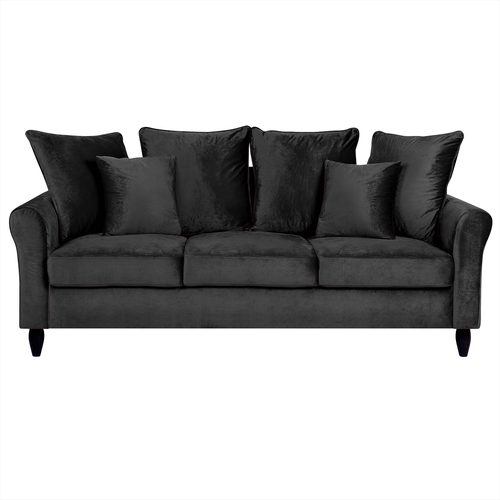 Sofa Schwarz Samtstoff 3-Sitzer Traditionell Modern Zierkissen Wohnzimmer