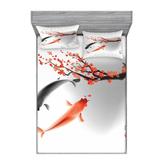 East Urban Home Koi Carp Fish Couple Swimming w/ Cherry Blossom Sakura Branch Culture Sheet Set Microfiber/Polyester | Wayfair